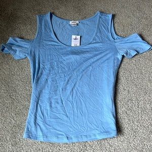 off the shoulder blue crop top